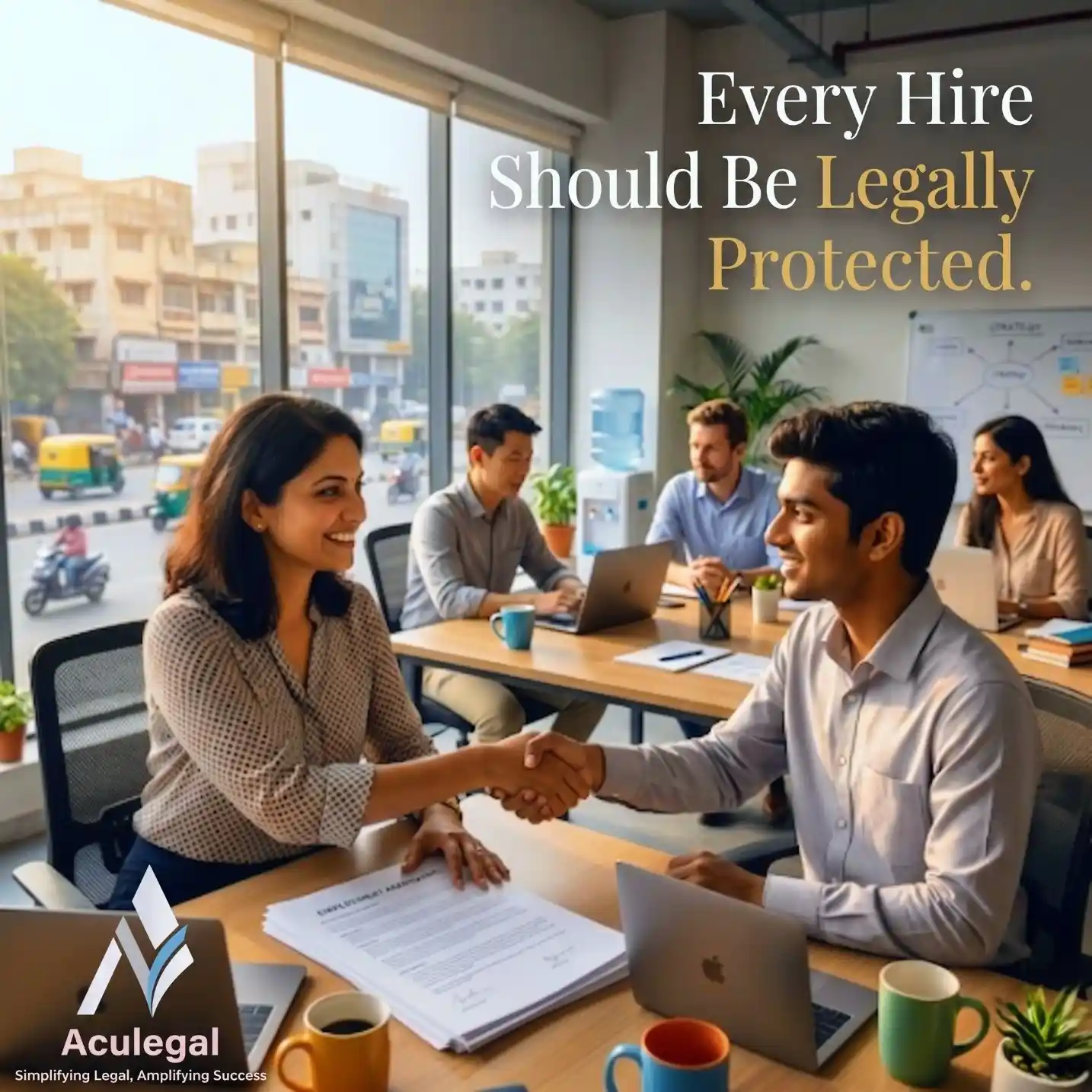 Startup founder onboarding employees with legal contracts inside a modern SME workspace.