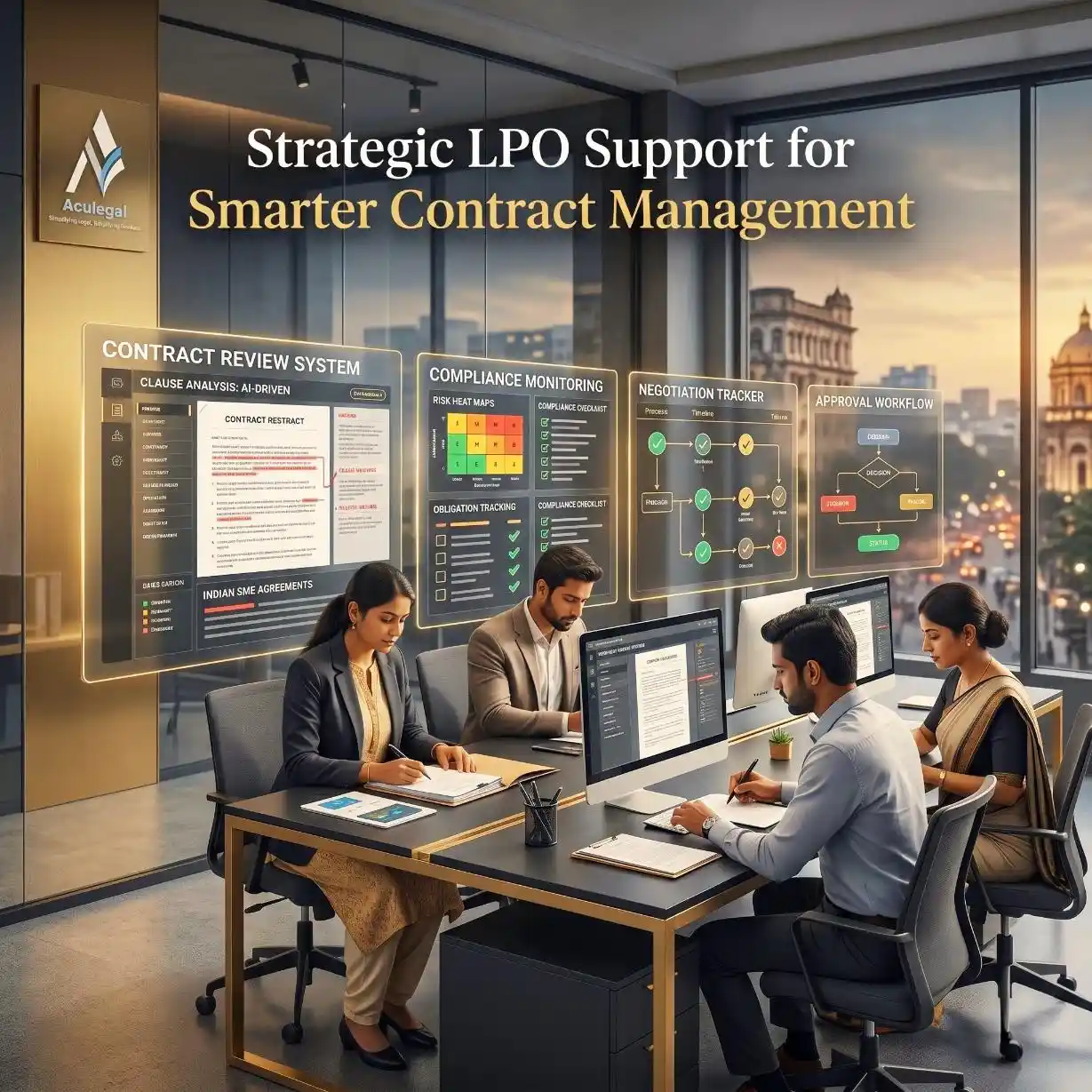 Aculegal legal professionals managing SME contracts through outsourced CLM and LPO services