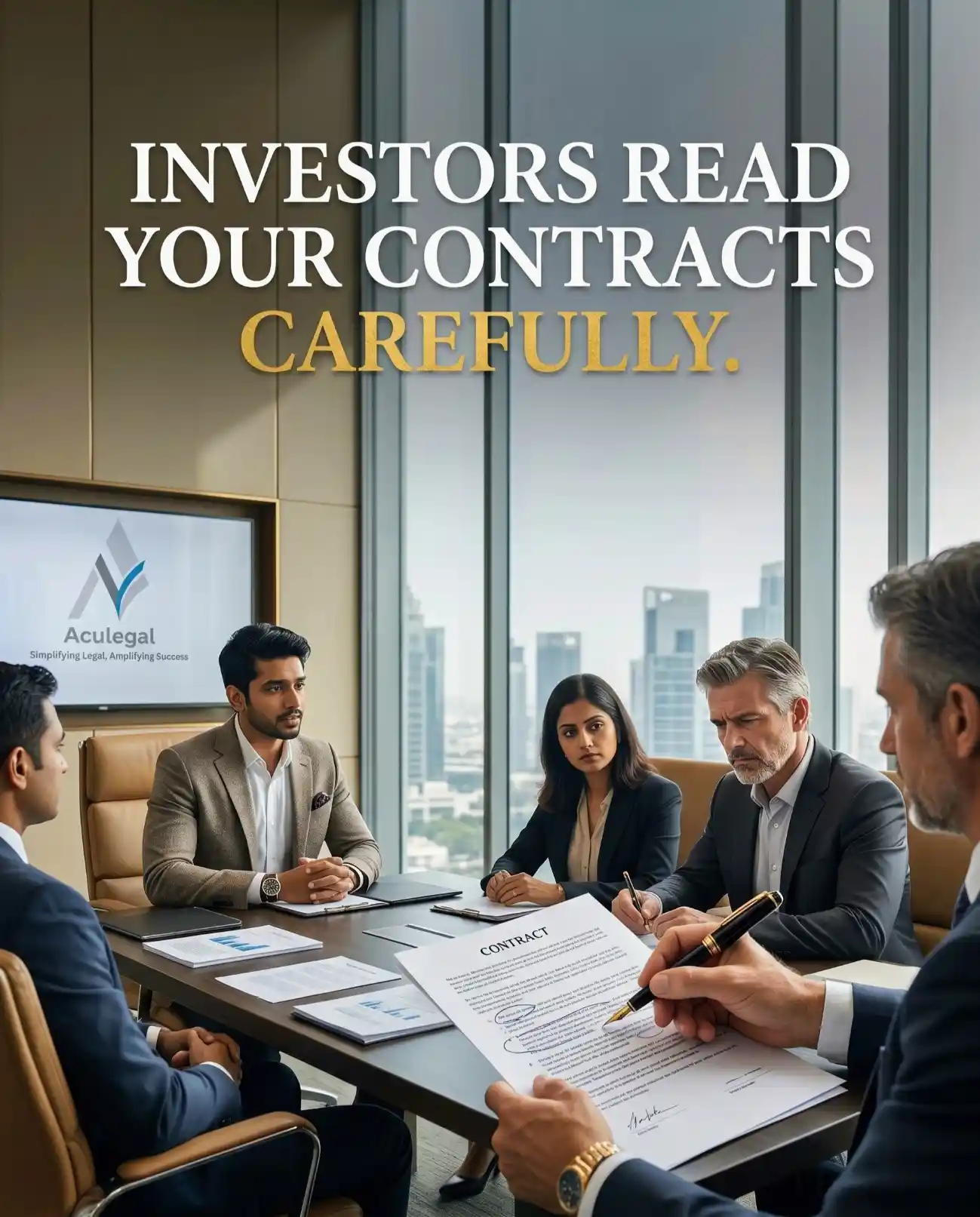 Investors reviewing poorly drafted startup contracts during due diligence