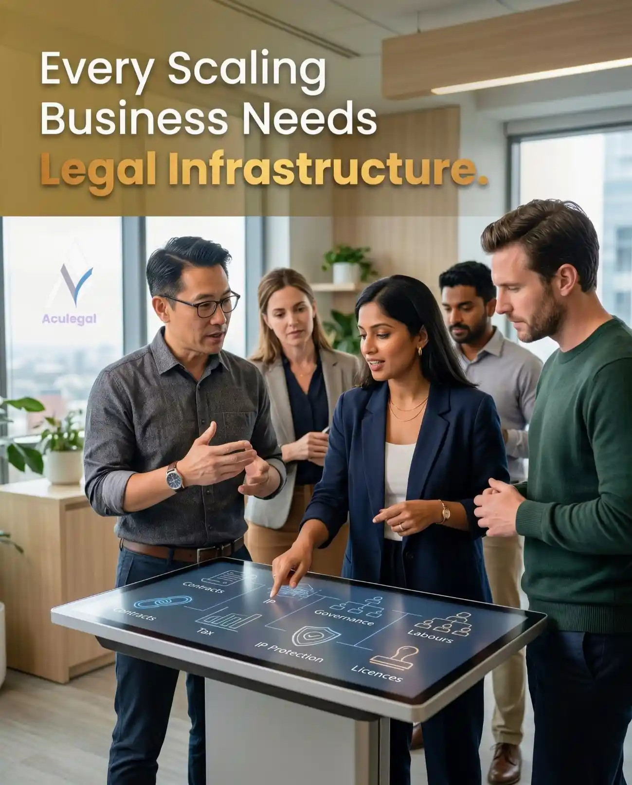 Modern startup founders reviewing legal compliance framework and business protection systems