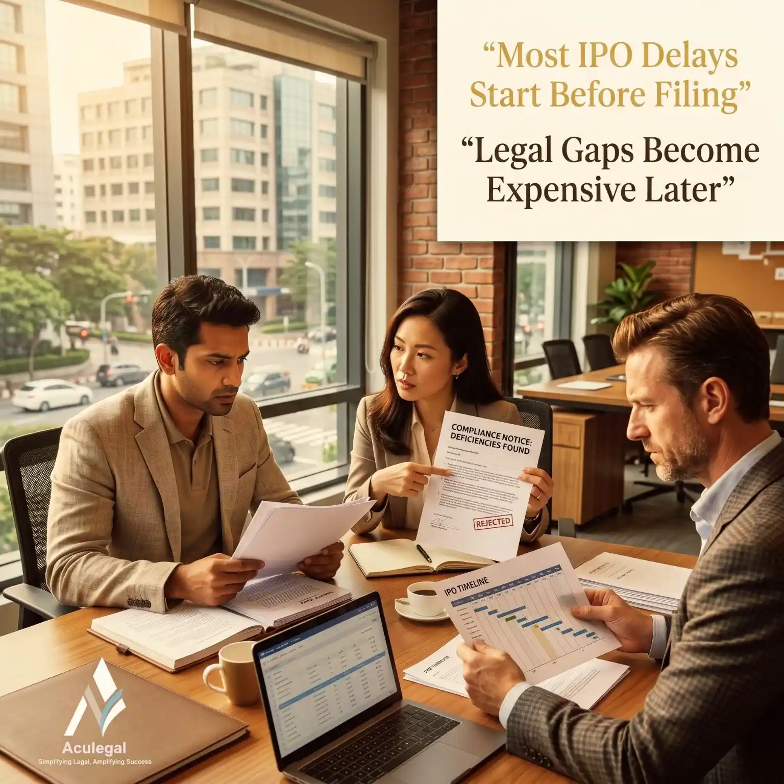 Startup founders facing IPO compliance challenges during legal review meeting
