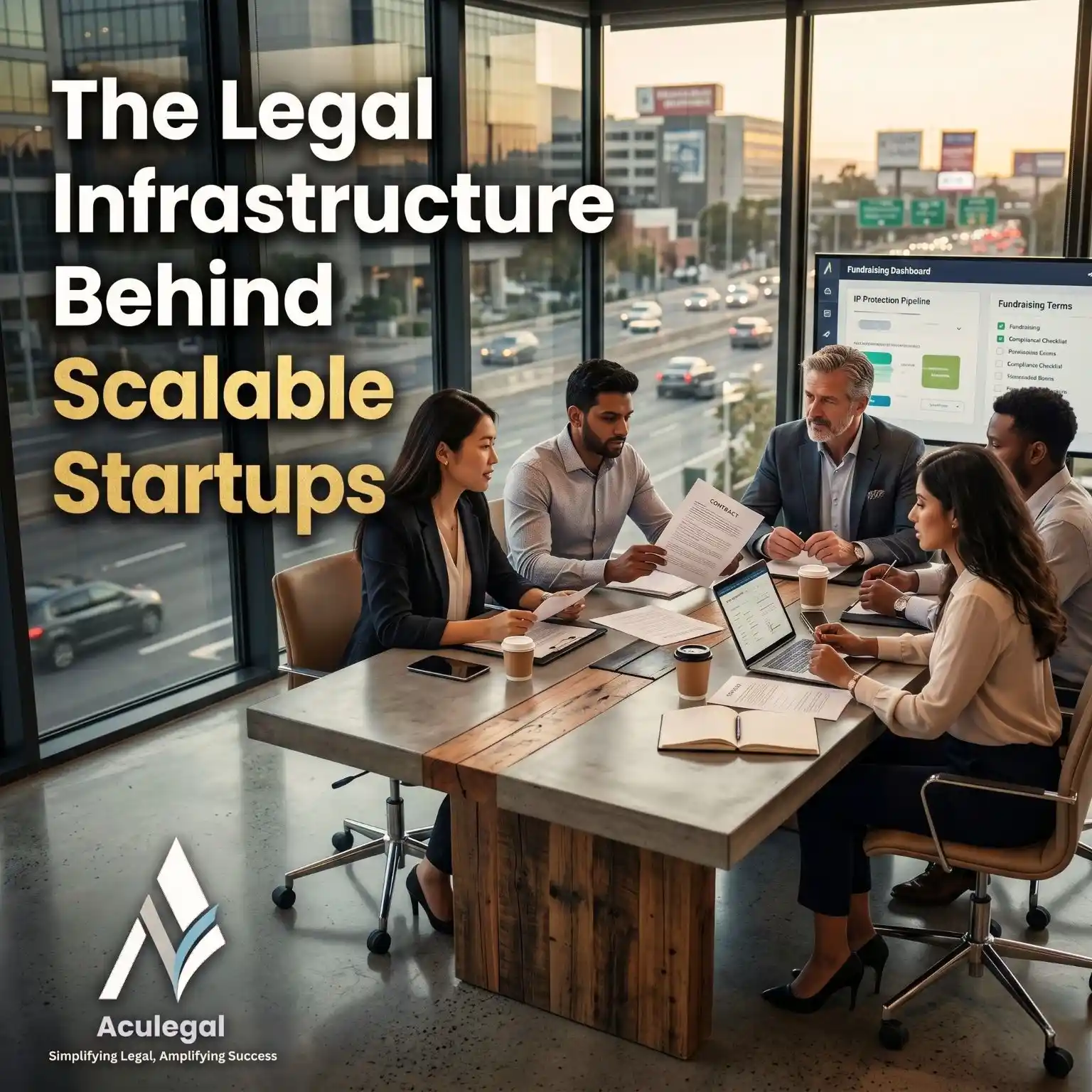 Startup leadership team discussing fundraising, compliance, and legal growth planning