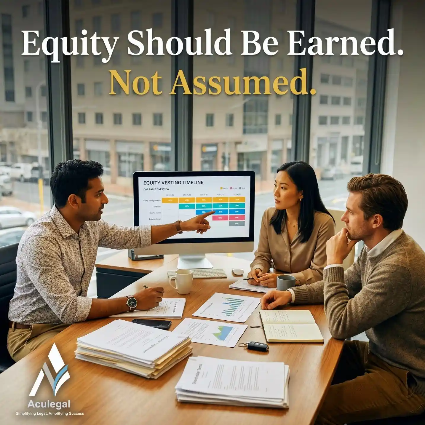 Startup founders discussing equity vesting and long-term ownership strategy.