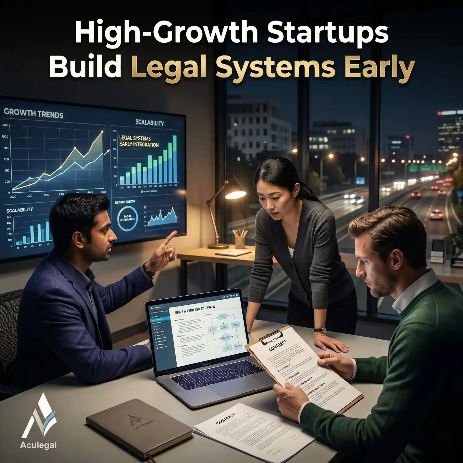 High-growth startup founders planning scalable legal infrastructure in a modern office at night