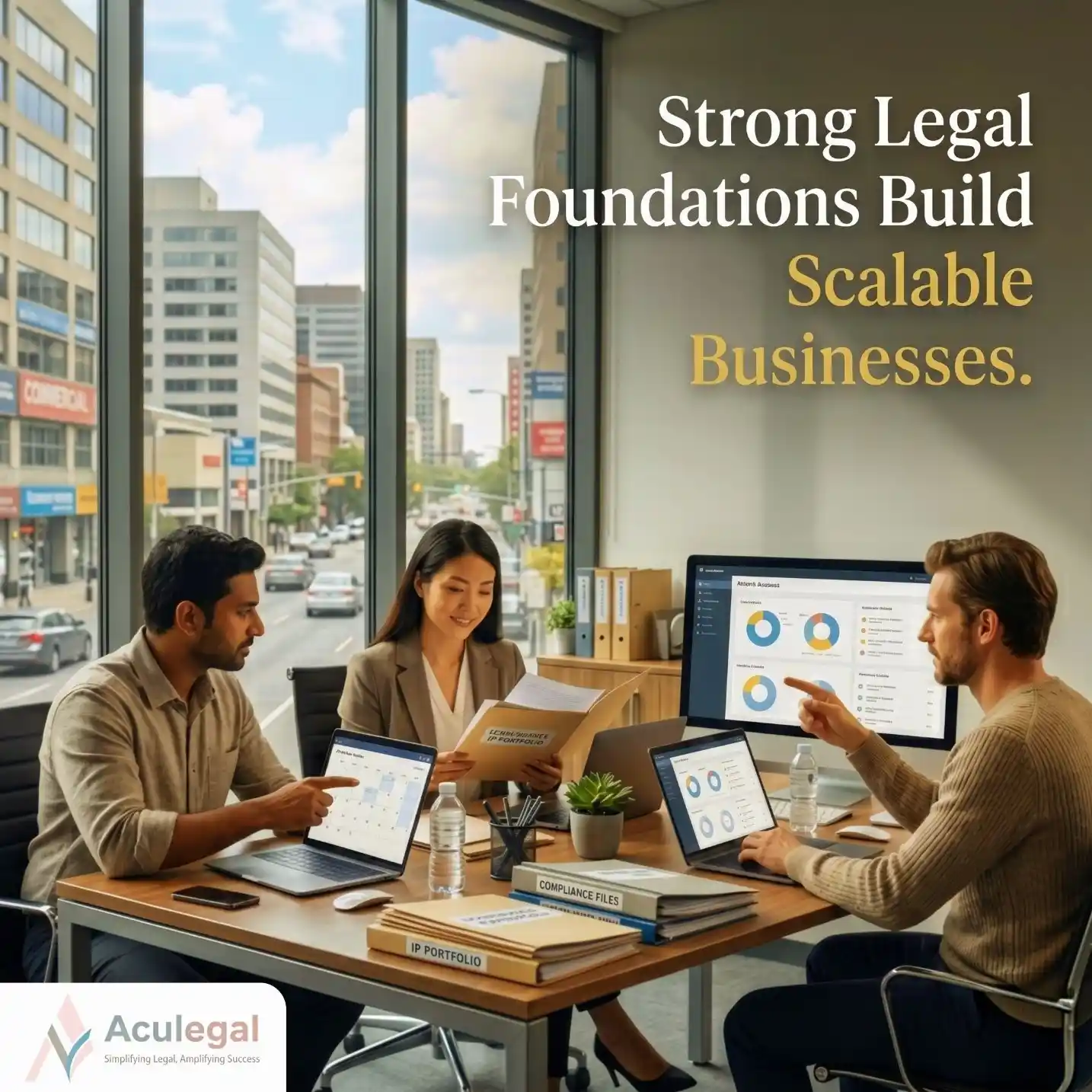 Startup team building strong legal and compliance systems inside a growing SME office