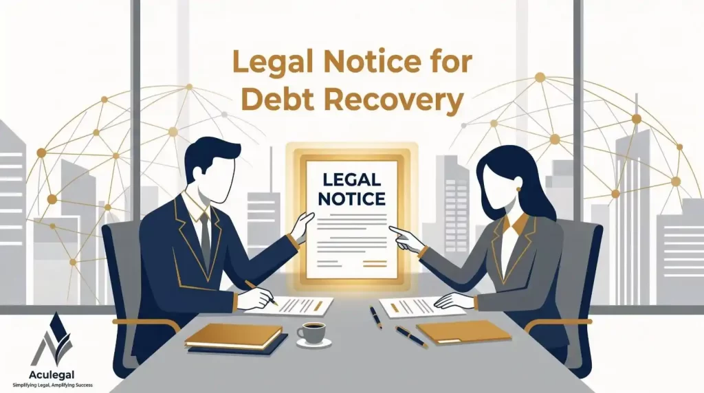 Legal notice document symbolizing debt recovery process with professional business figures in a global corporate setting.