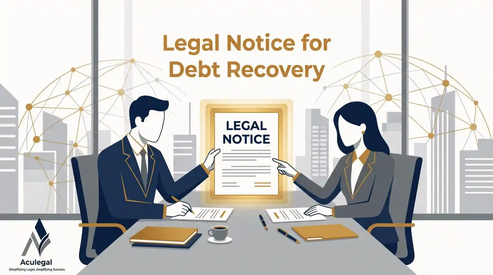 Legal notice document symbolizing debt recovery process with professional business figures in a global corporate setting.