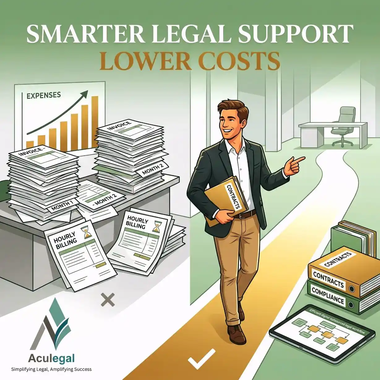 Founder comparing high traditional legal costs with efficient legal outsourcing solutions.