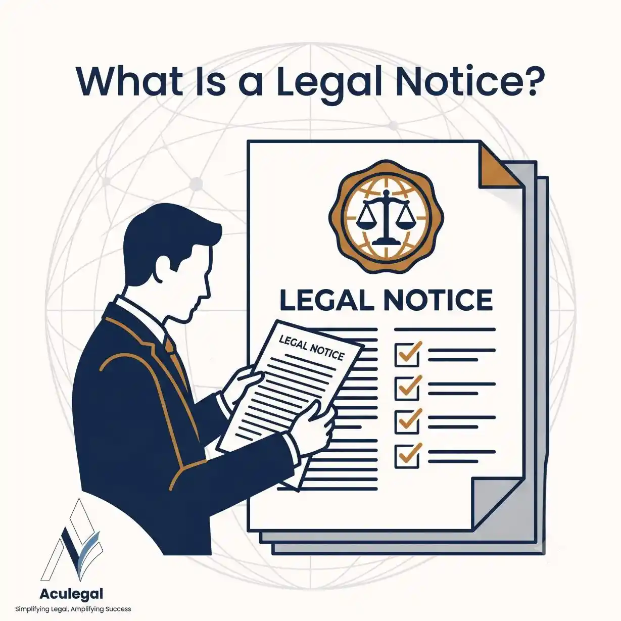 Illustration explaining legal notice in debt recovery with document and business figure.