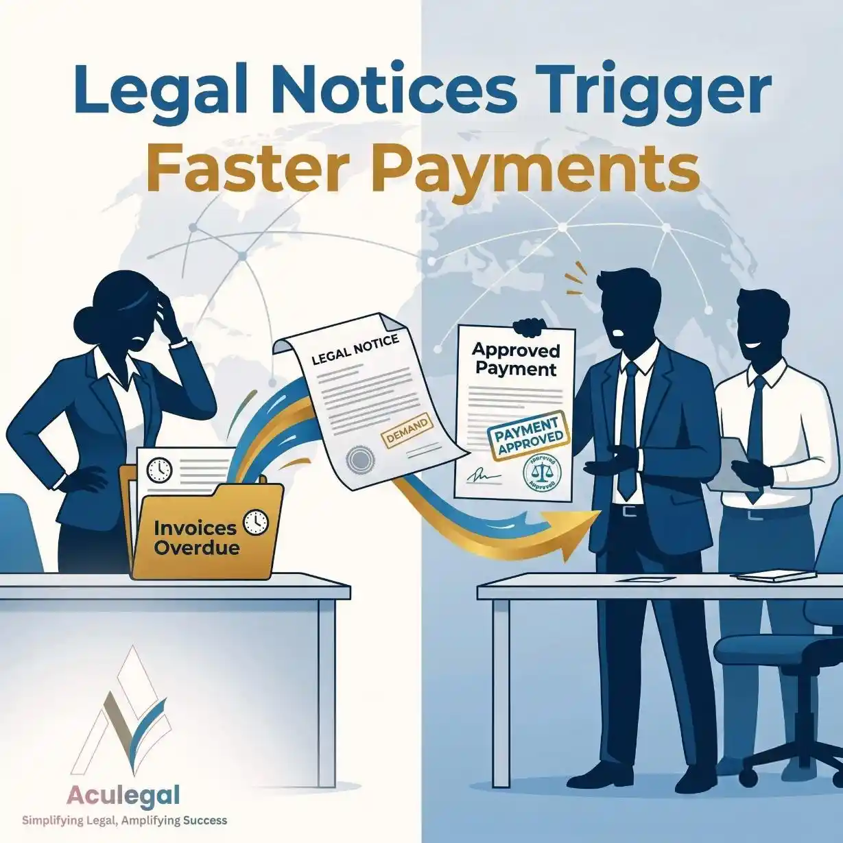 Legal notice accelerating payment response between businesses in a corporate workflow