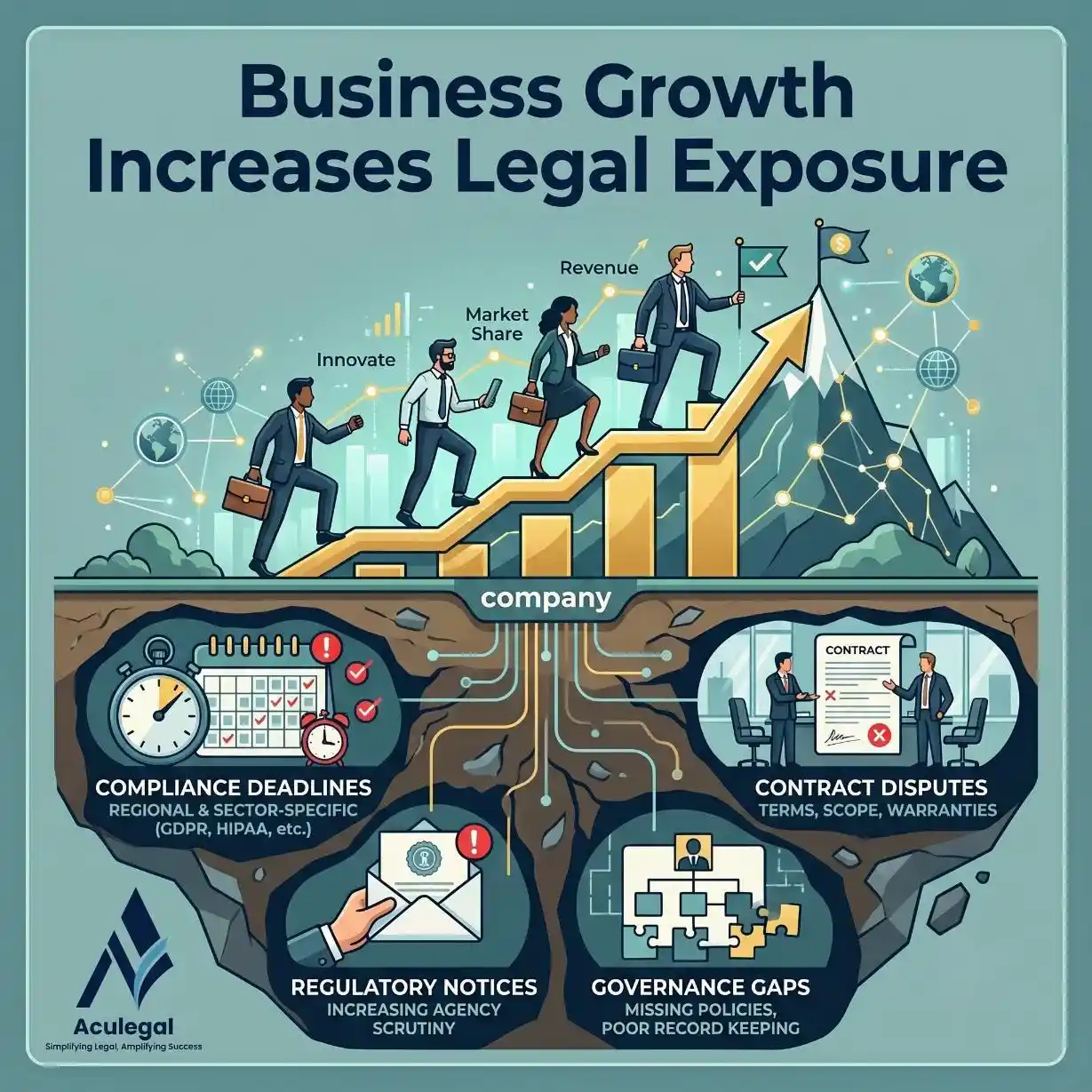Business growth accompanied by increasing legal and compliance risks.