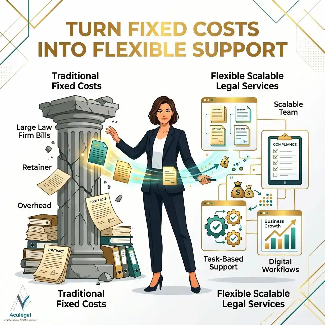 Business converting fixed legal costs into flexible outsourced legal support.