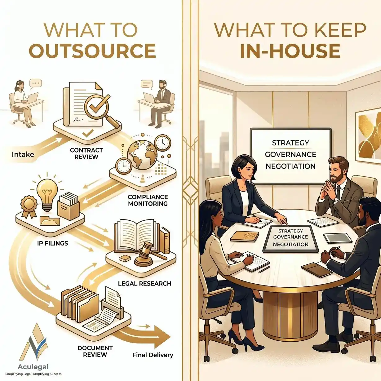 Comparison between legal tasks suitable for outsourcing and strategic legal work kept in-house.