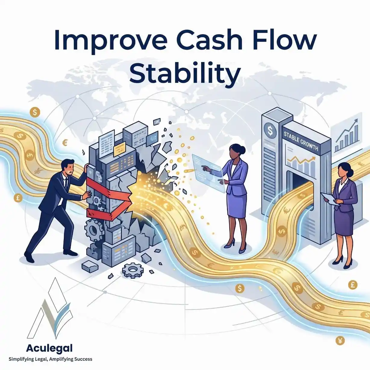 Cash flow improvement visualization showing smooth financial movement after legal intervention