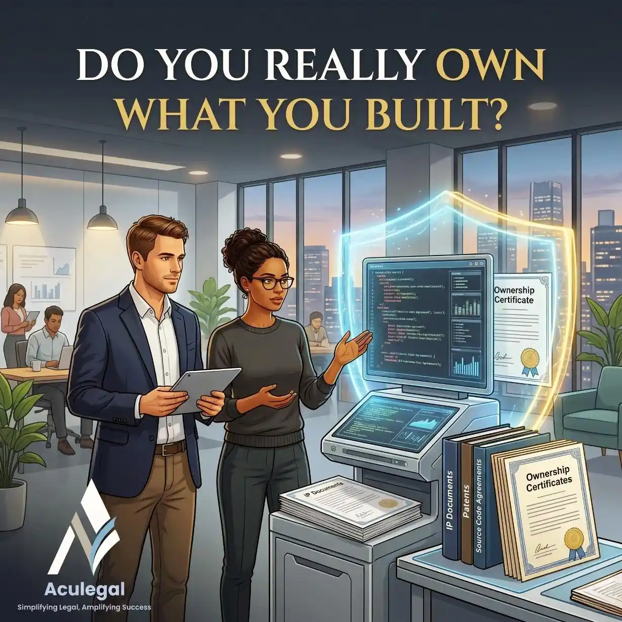 Tech startup founder protecting intellectual property and software ownership rights