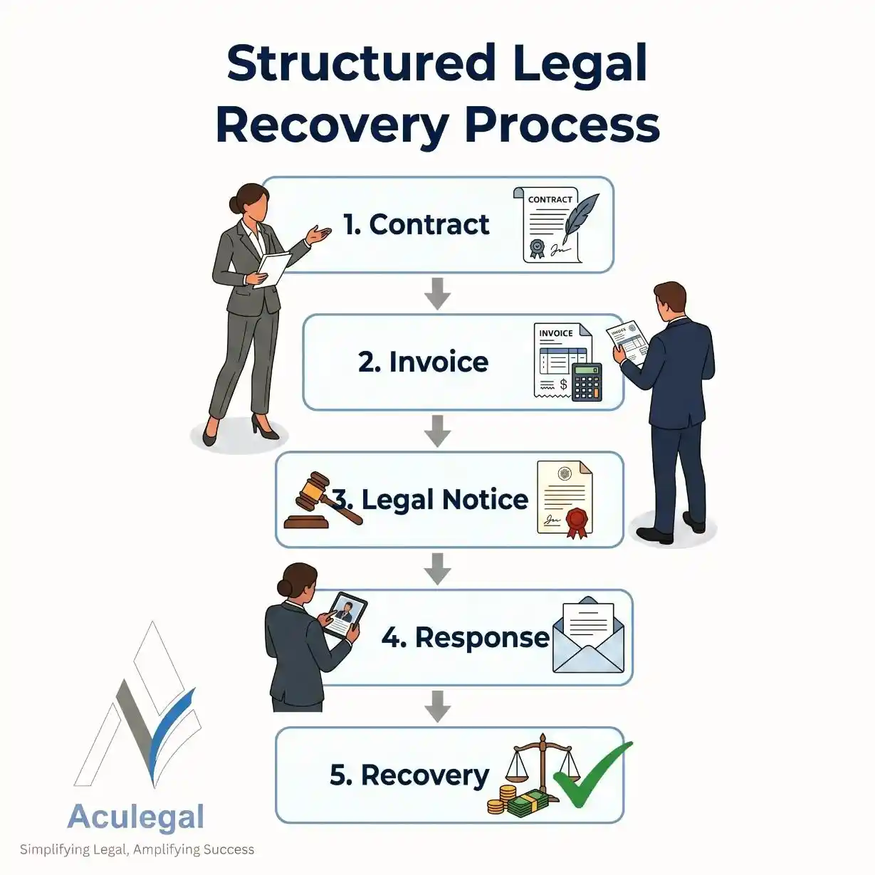 Step-by-step legal notice process workflow for debt recovery.