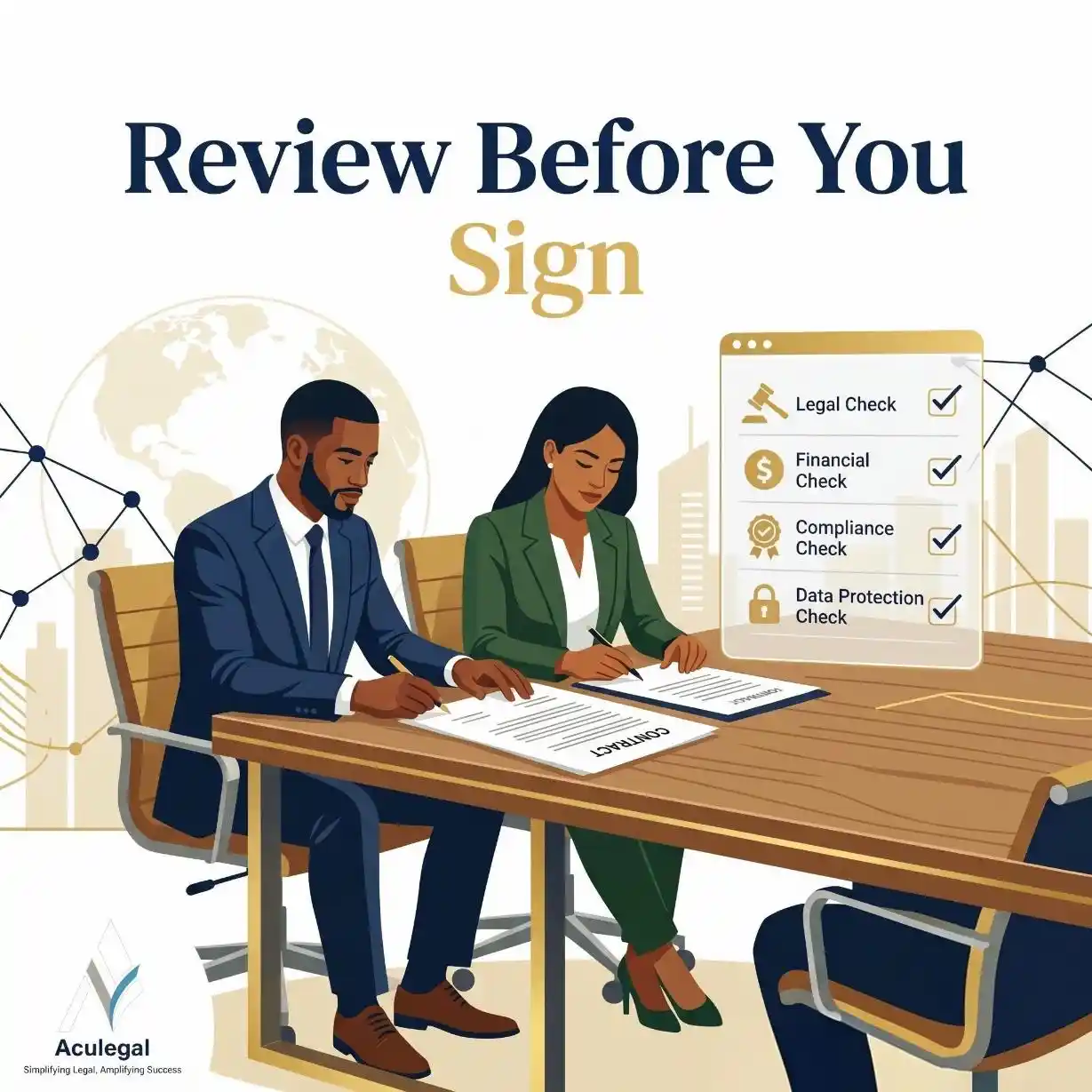 Business leaders reviewing contracts carefully before signing agreements