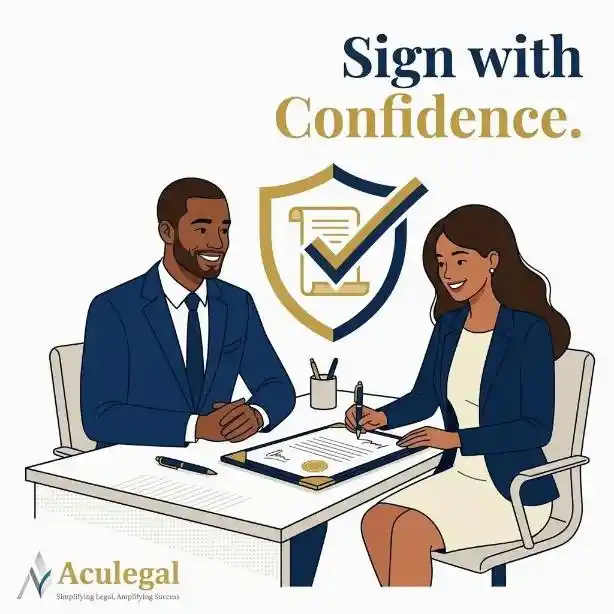 Business leaders confidently signing contracts after expert legal review