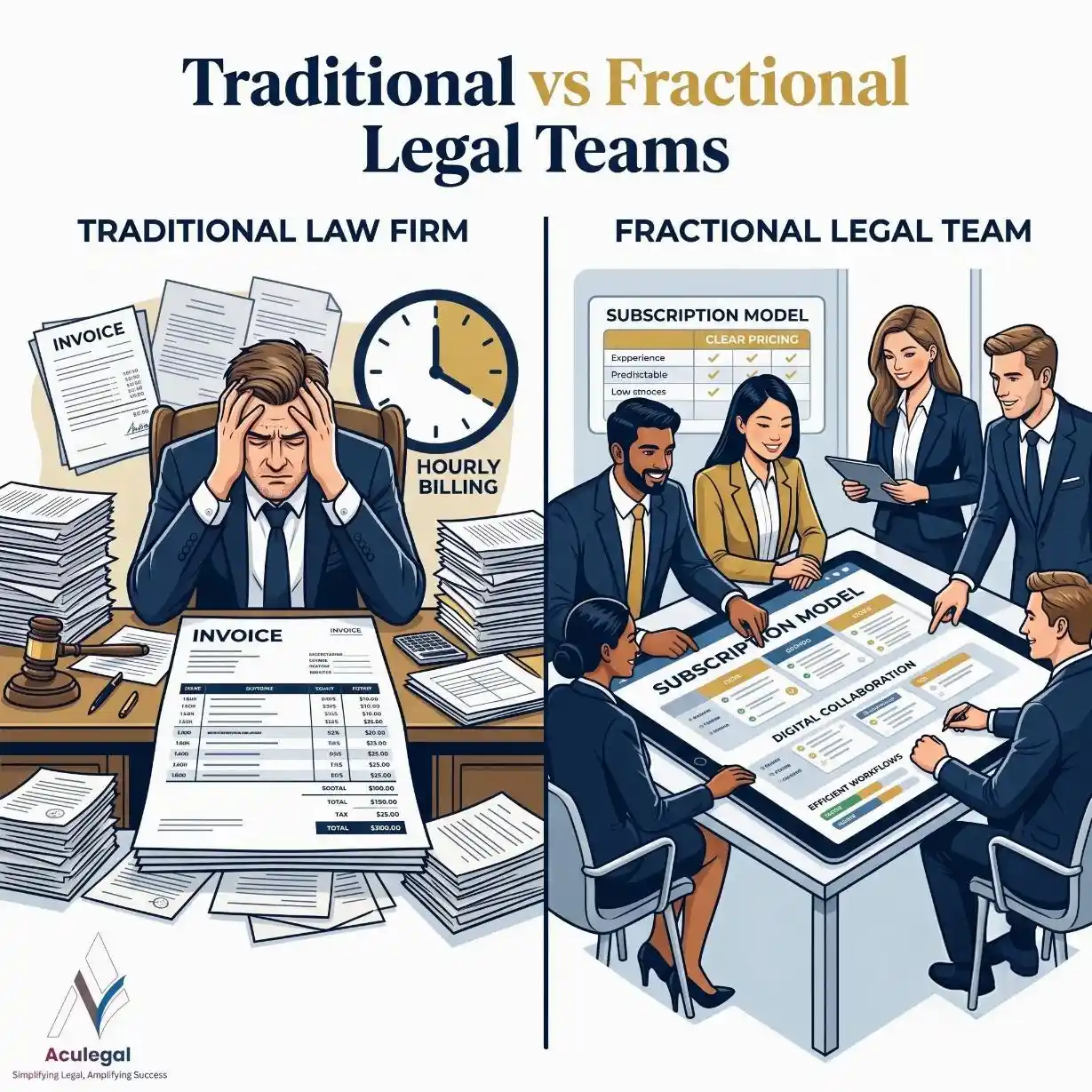 Comparison of traditional legal services and a modern fractional legal team for startups and SMEs.