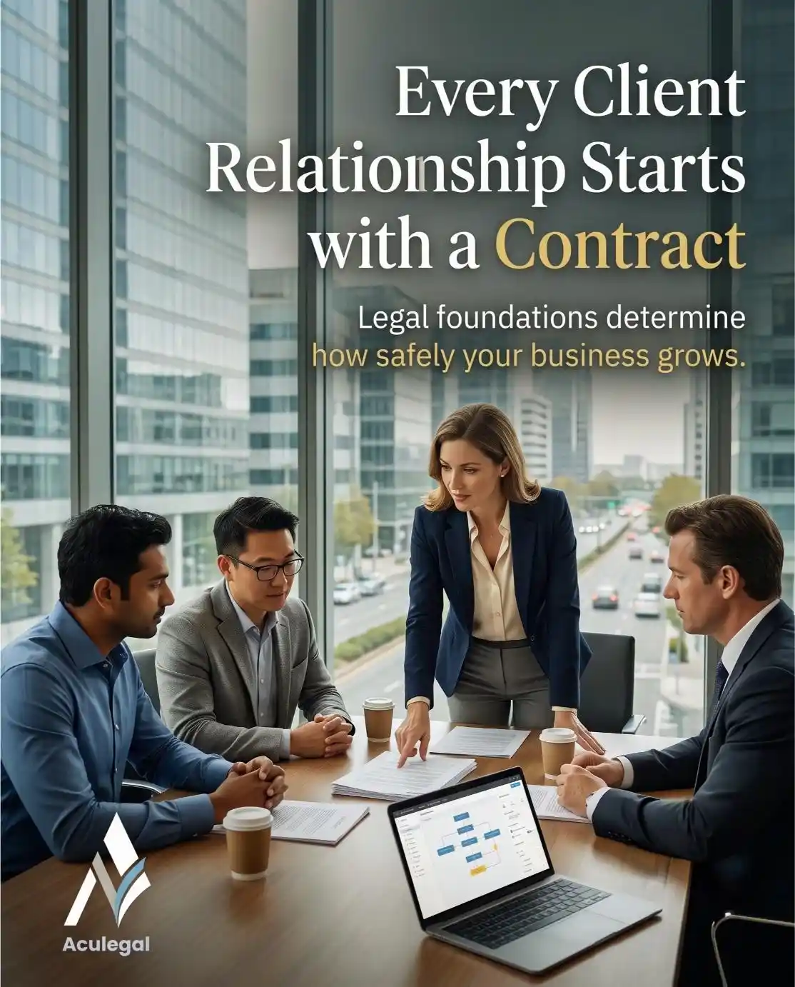 Founders discussing client contracts before launching a service business.