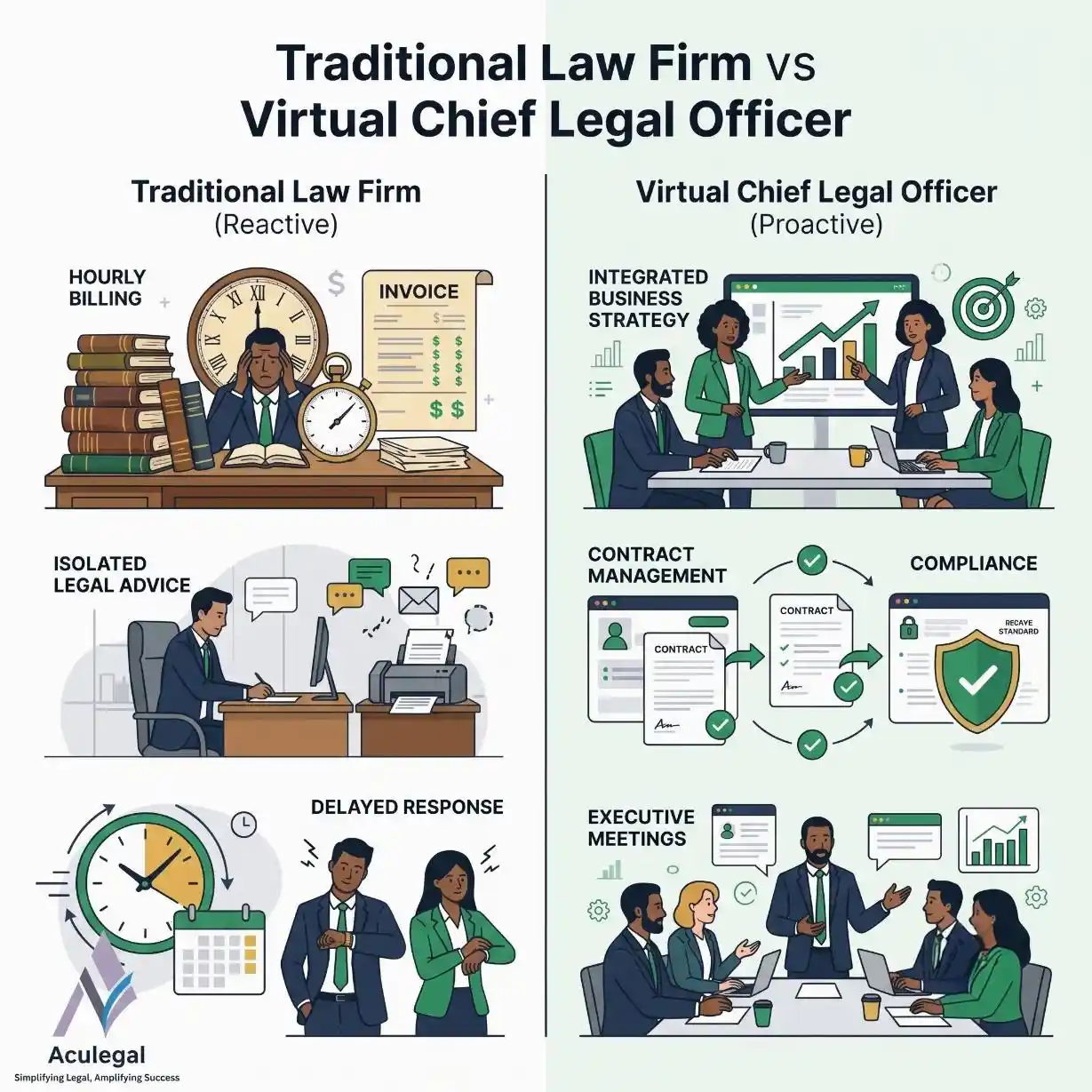 Comparison between a Virtual Chief Legal Officer and a traditional law firm.