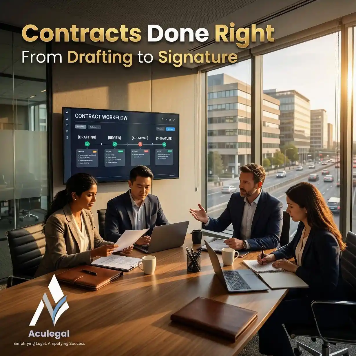 Legal team managing commercial contracts from drafting to execution