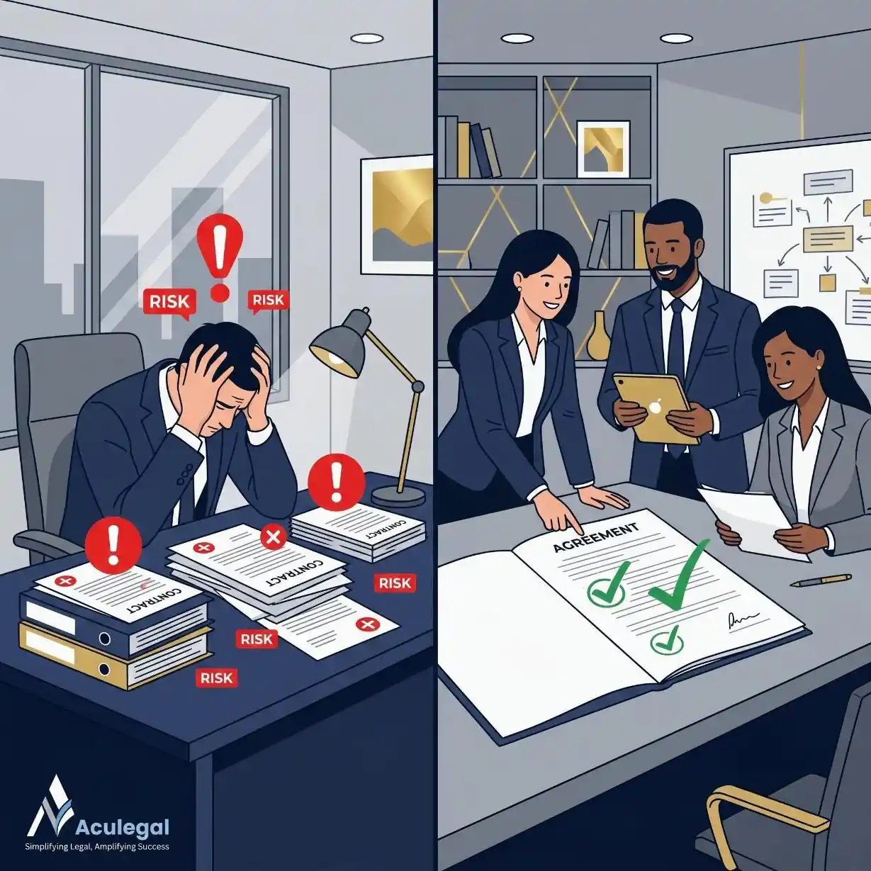 Comparison between self-review and professional contract review.