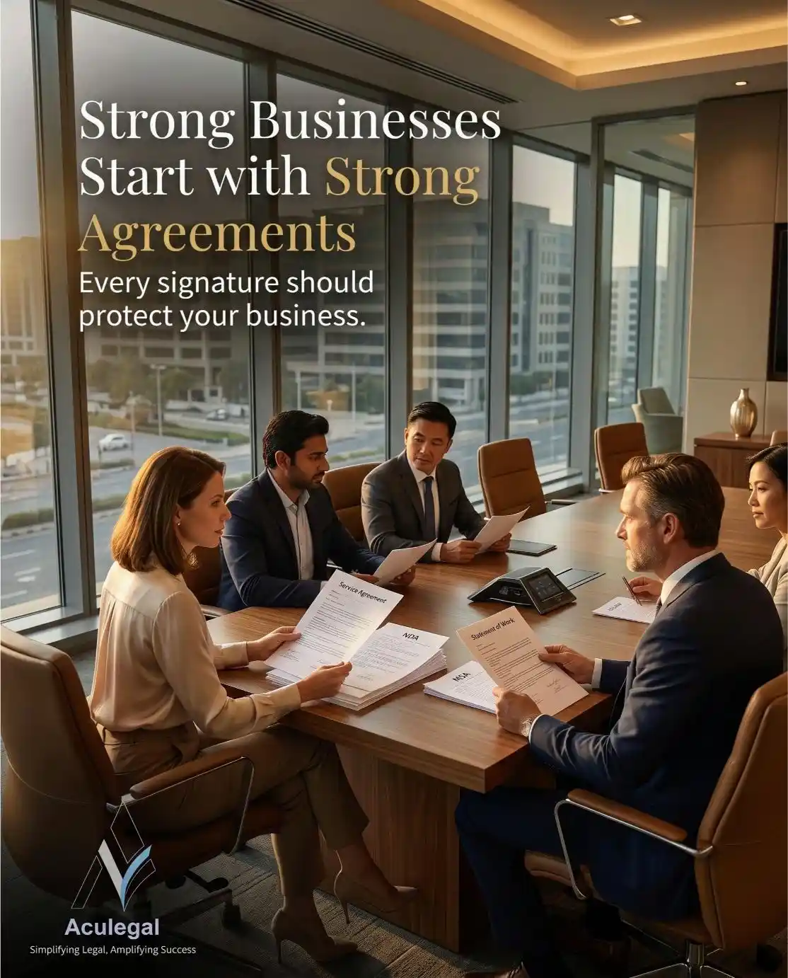 Professional lawyer reviewing commercial agreements with startup founders.