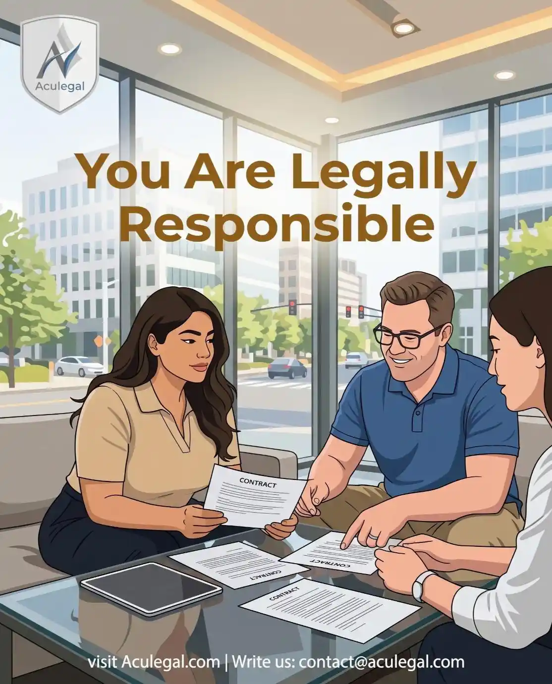 Aculegal – woman and American man discussing legal documents with a client in a bright co-working space on a sunny morning, text overlay You Are Legally Responsible