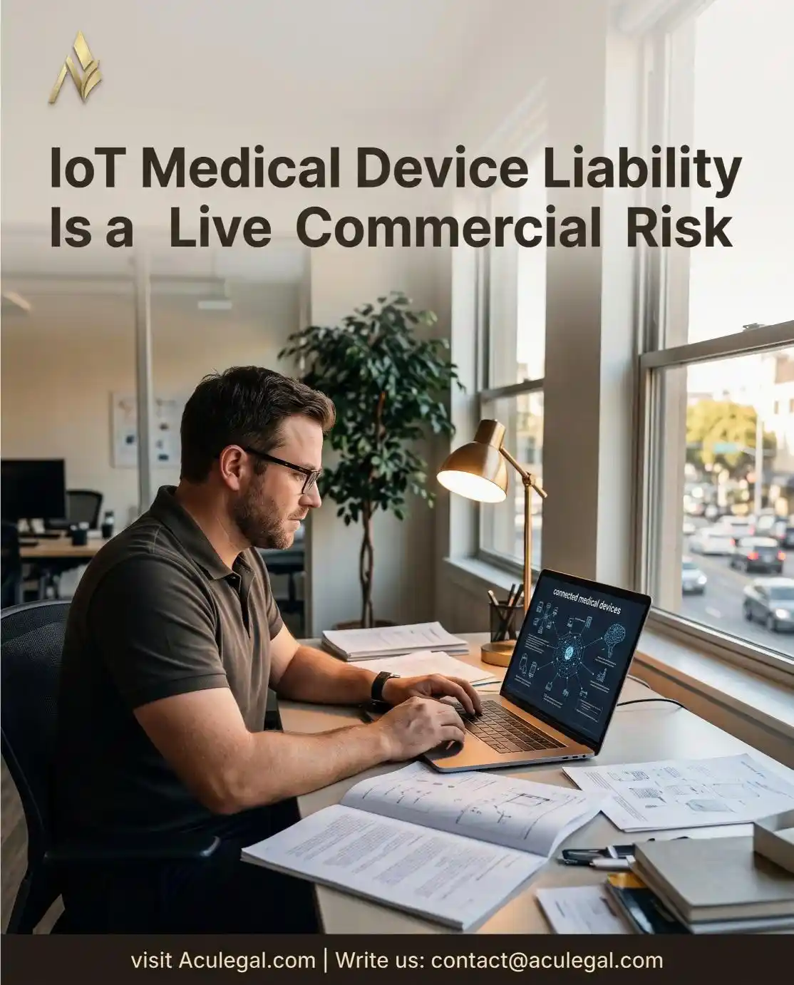 Founder reviewing IoT medical device software liability and contractual risk in connected pacemaker and wearable agreements