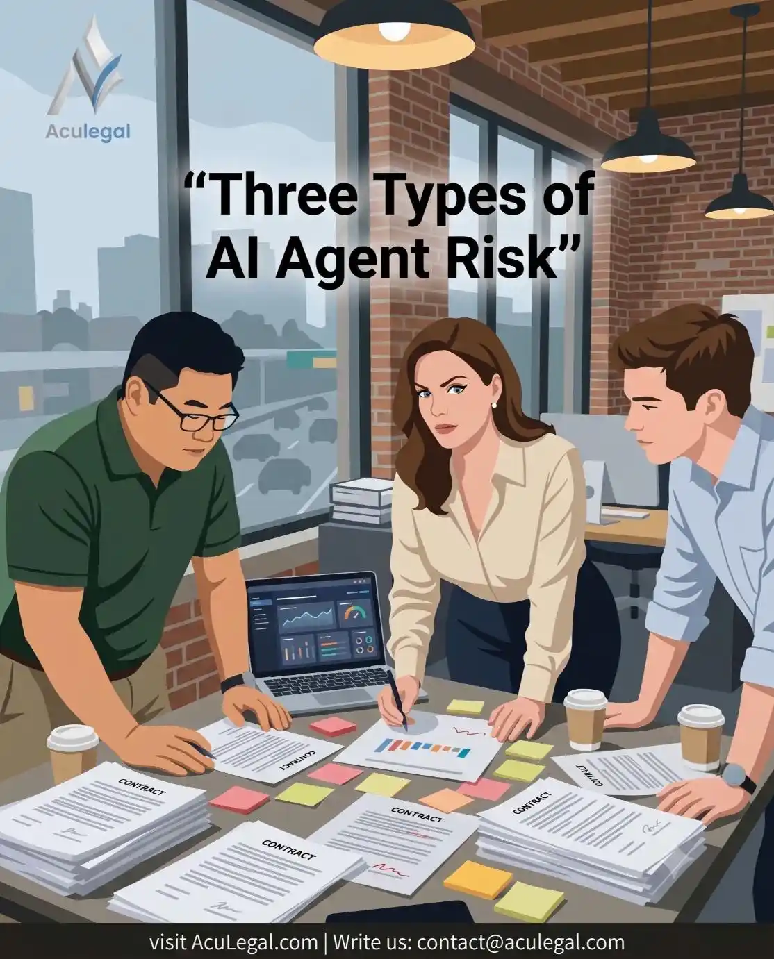 Aculegal – Asian man, American woman and colleague reviewing contracts on a messy startup desk during rainy midday, text overlay Three Types of AI Agent Risk