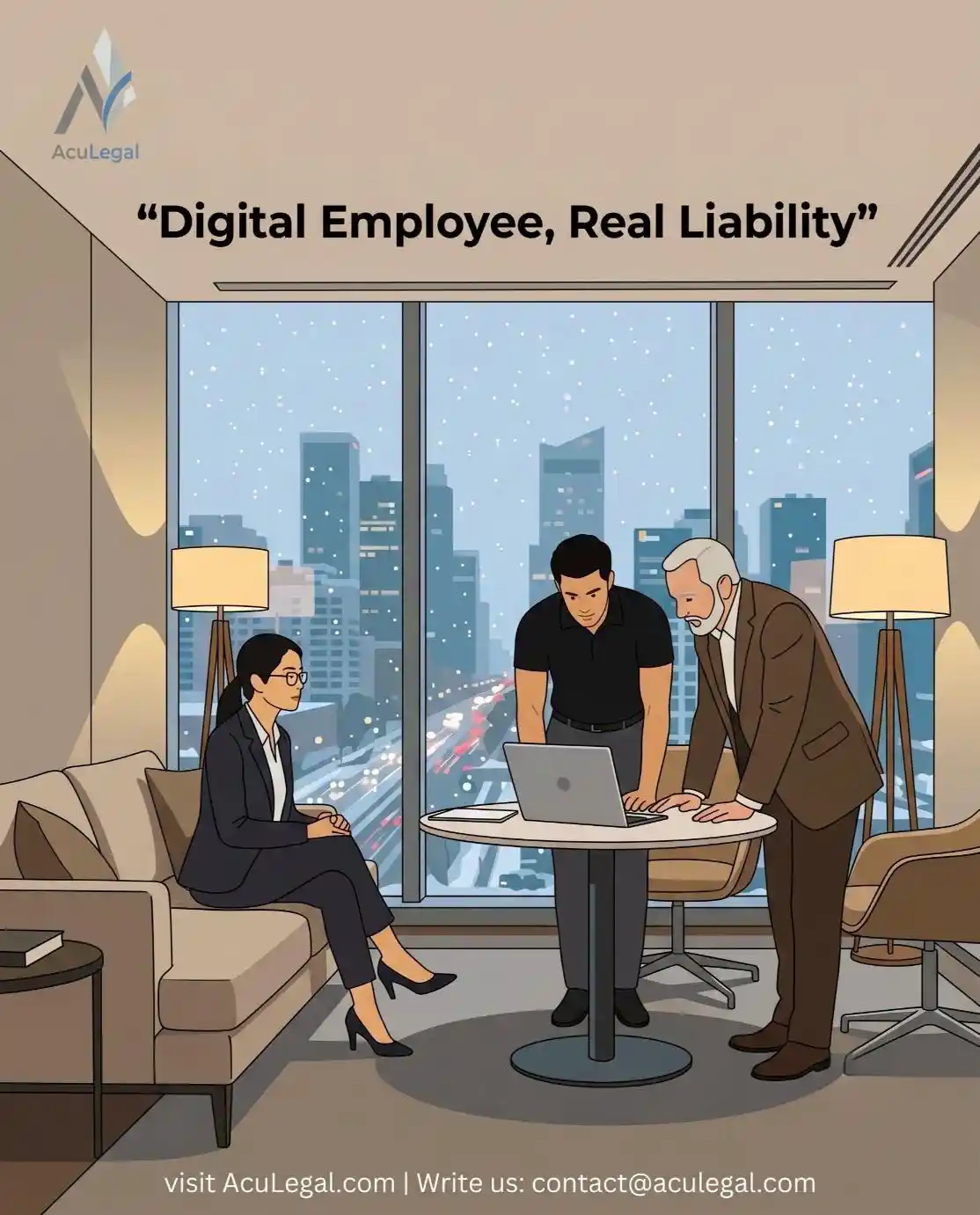 Aculegal – Asian woman, Indian man and client discussing laptop in a modern meeting room during winter blue hour, text overlay Digital Employee Real Liability