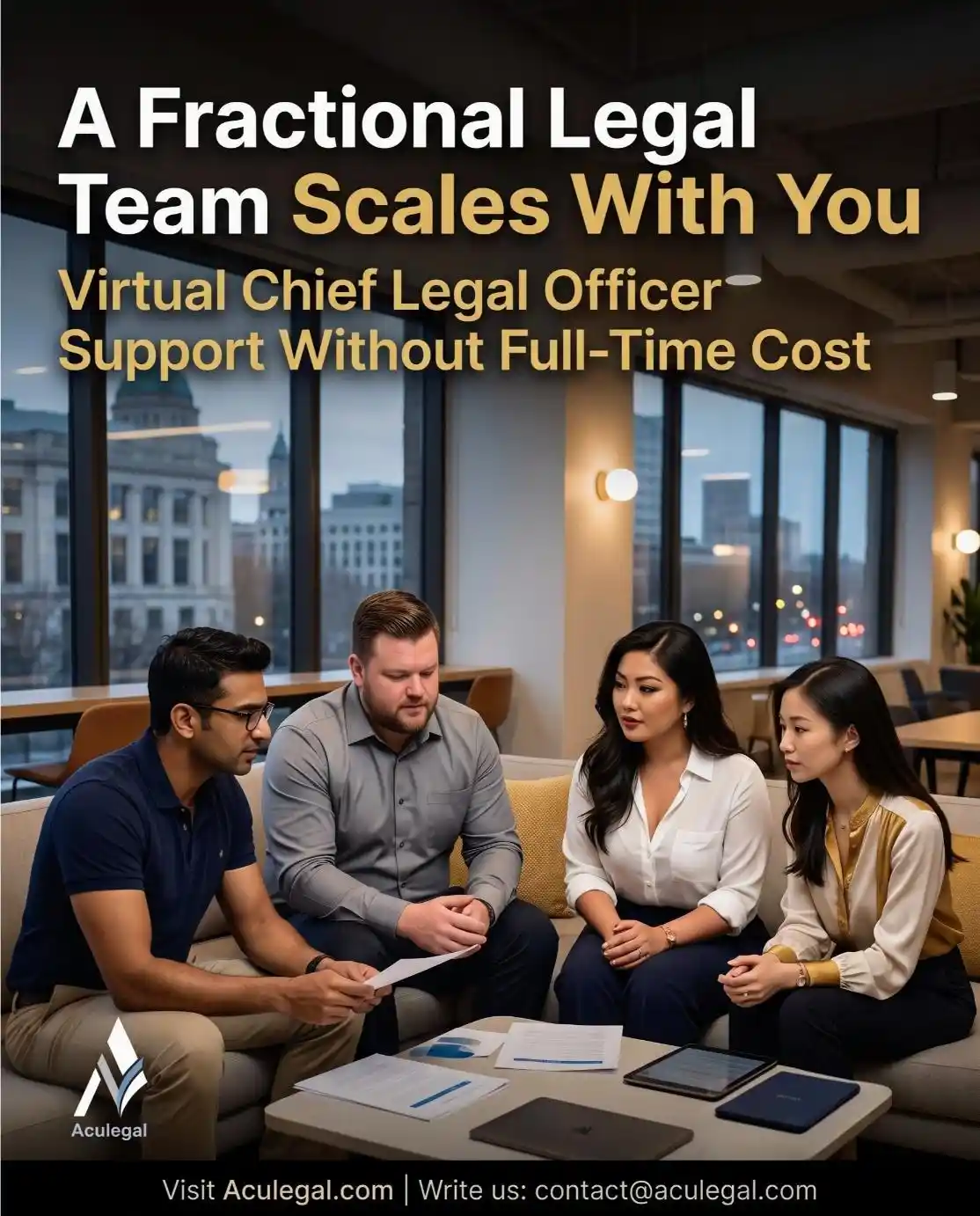 Confident professional team collaborating in a co-working space on legal strategy
