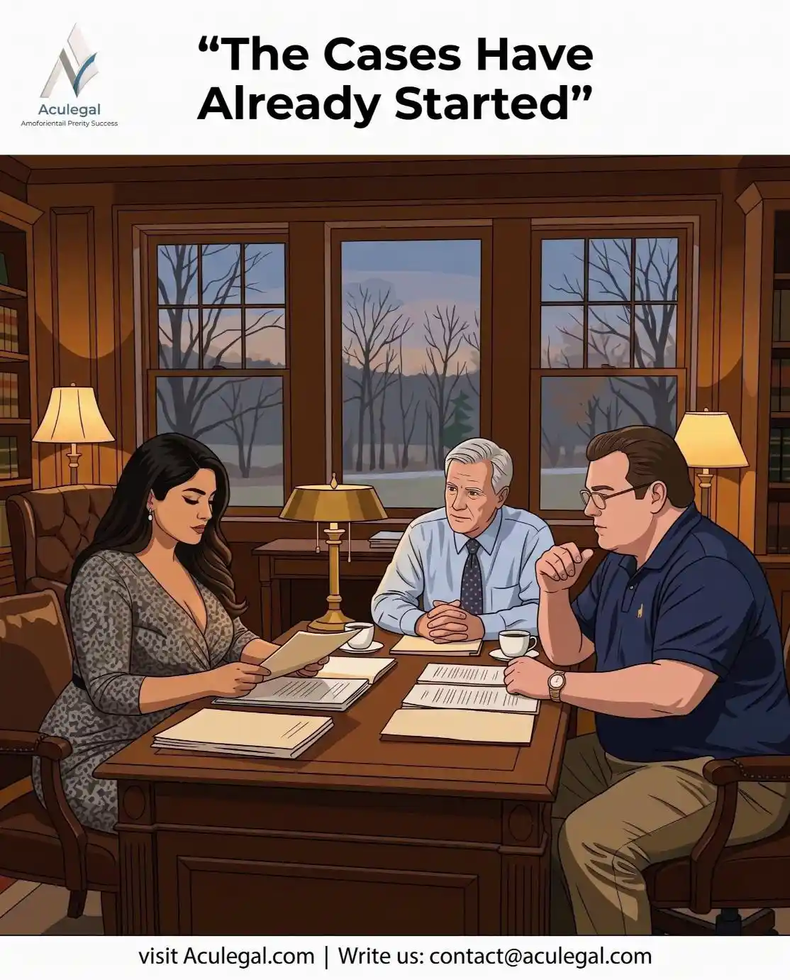 Aculegal – Indian woman, American man and colleague in a traditional office discussing legal cases with rural winter landscape outside, text overlay The Cases Have Already Started