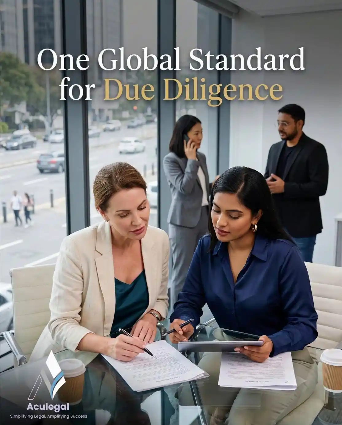Diverse professionals reviewing cross-border due diligence documents