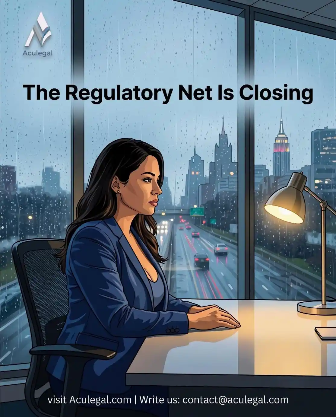 Aculegal – American founder sitting alone at a clean desk in an SME office at midnight with rainy city lights outside, text overlay The Regulatory Net Is Closing