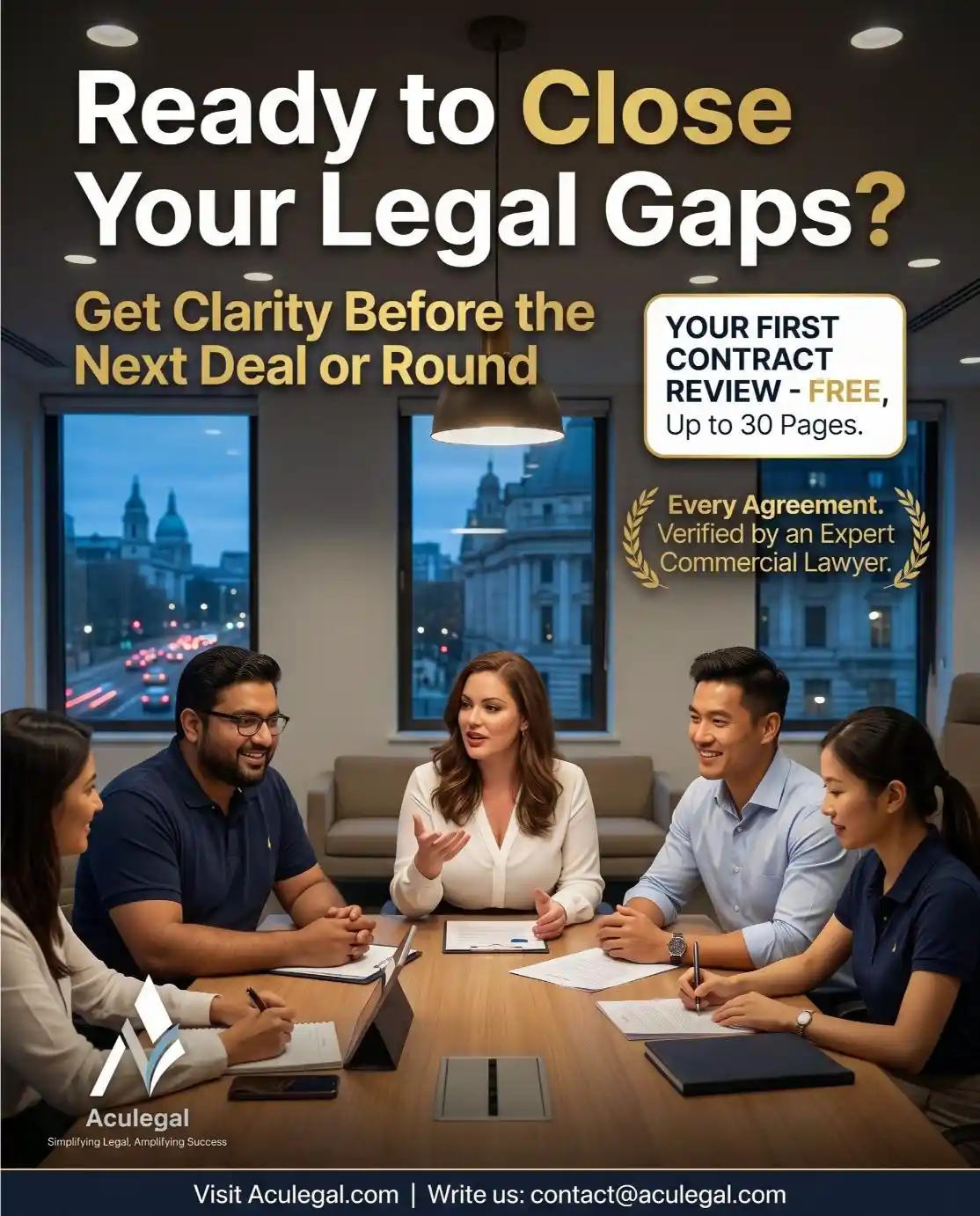 Professional team ready for free contract review offer with Aculegal branding and QR-style CTA