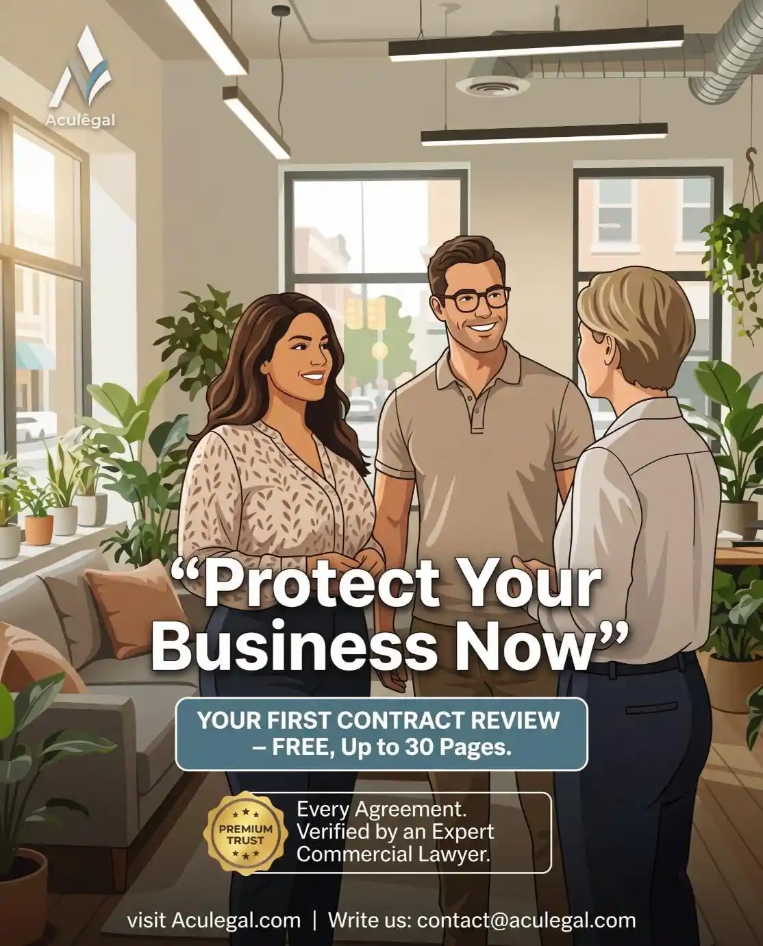 Aculegal – Indian woman and American man standing with a client in a sunlit creative office, free contract review offer badge and trust badge, text overlay Protect Your Business Now
