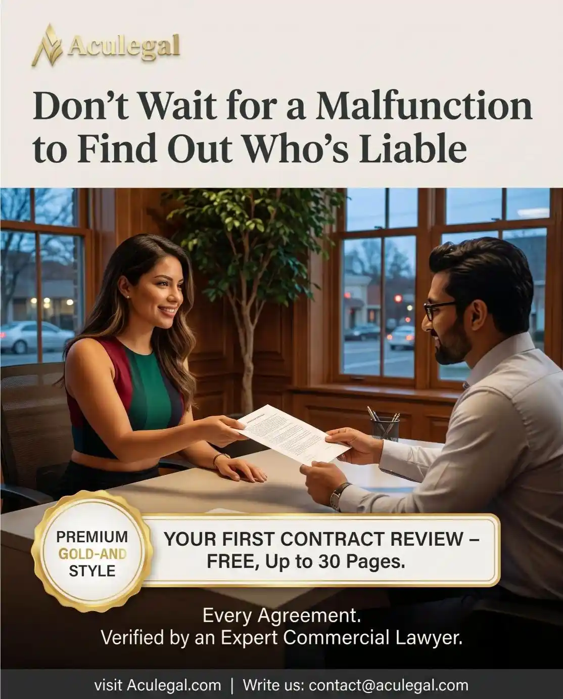 Expert commercial lawyer offering free first contract review for IoT medical device liability and software failure risk allocation