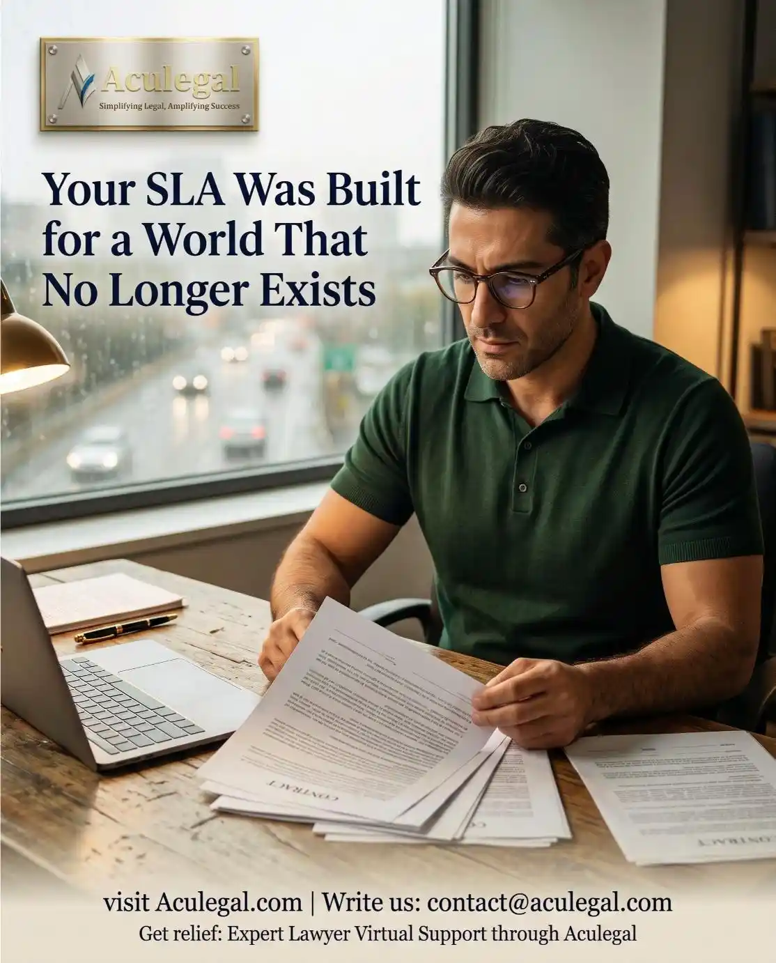 Aculegal founder reviewing outdated IT outsourcing SLA contract at messy desk – AI-SLA risk awareness