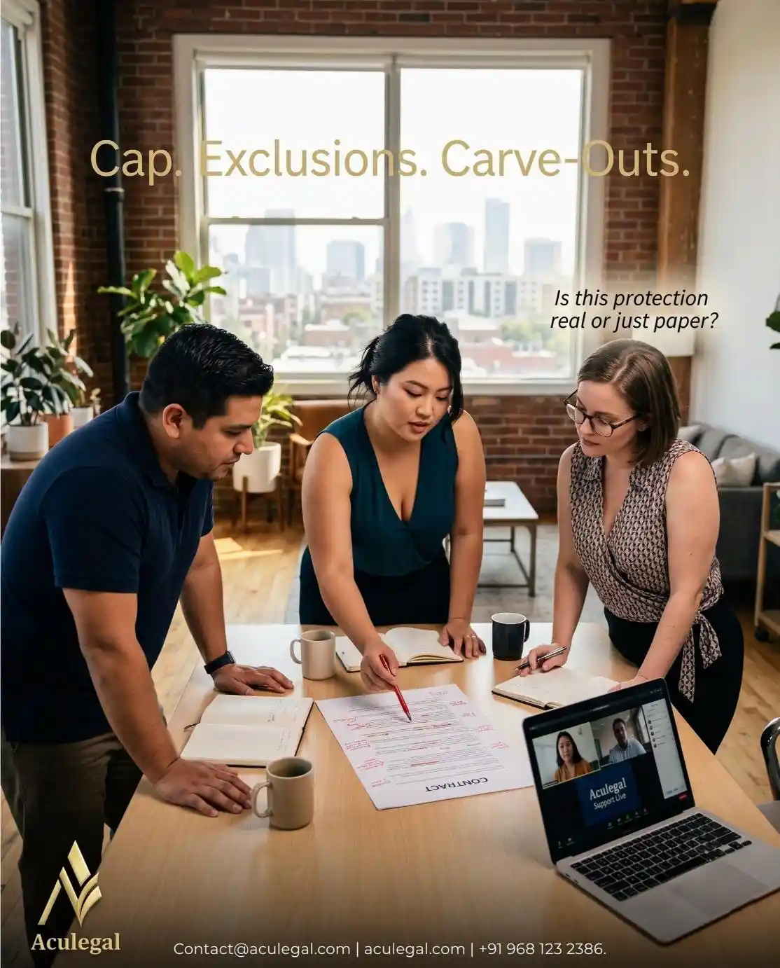 Aculegal team explaining SaaS liability cap exclusions and carve-outs to client