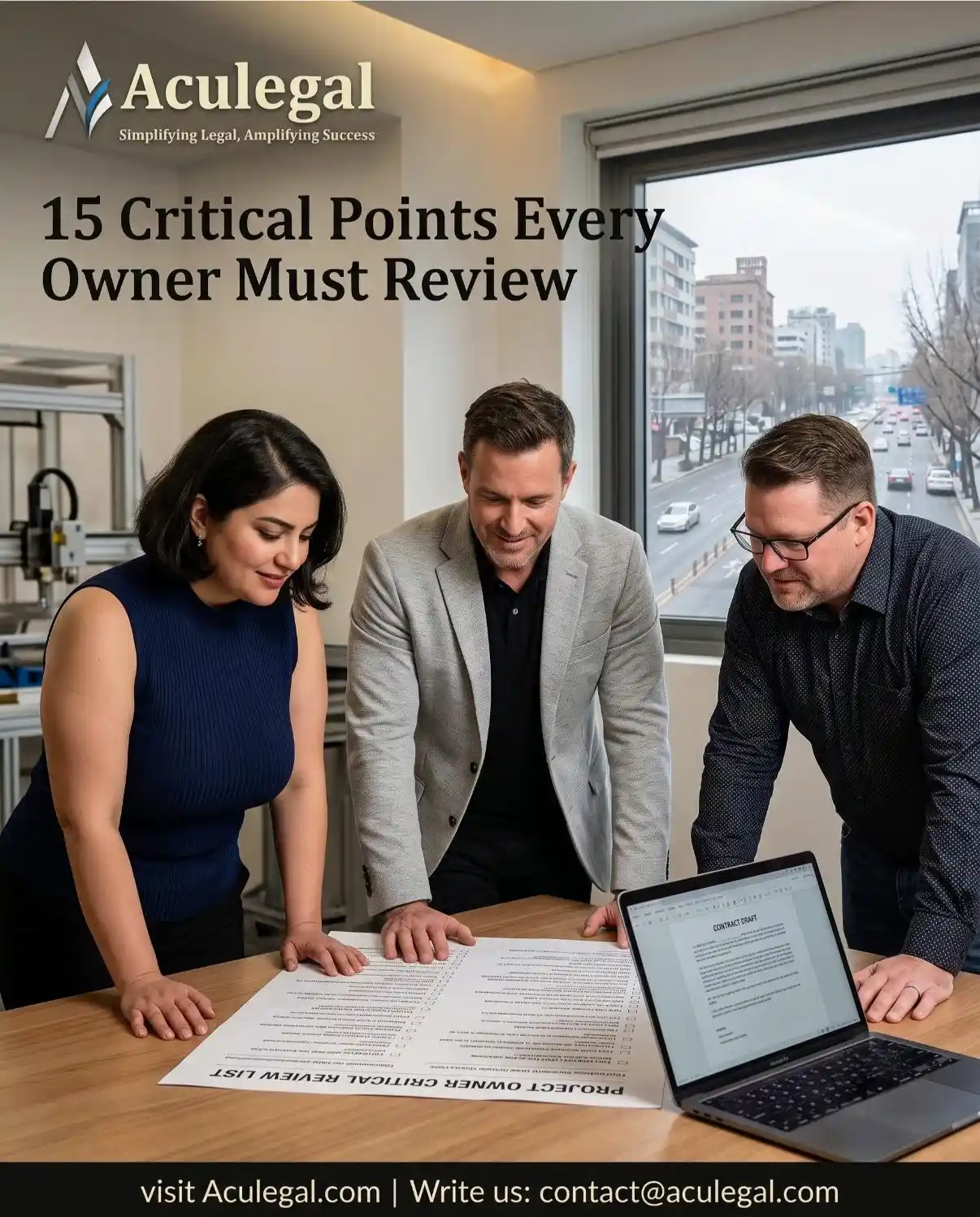Aculegal lawyers reviewing 15 critical points of EPC agreement risk checklist with client
Heading text on image: