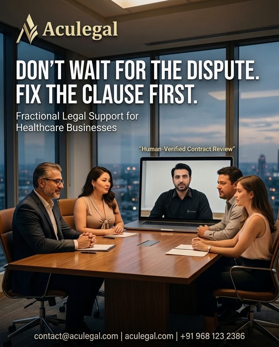 Aculegal fractional legal team reviewing hospital vendor contract liability and IP risks
