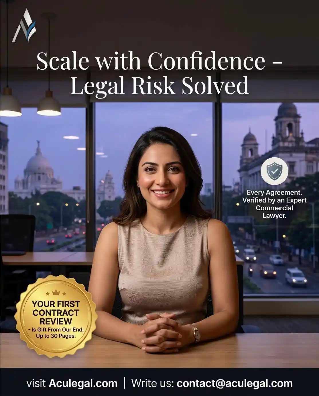 Aculegal free first contract review up to 30 pages – expert commercial lawyer verified agreements for BPO and KPO companies